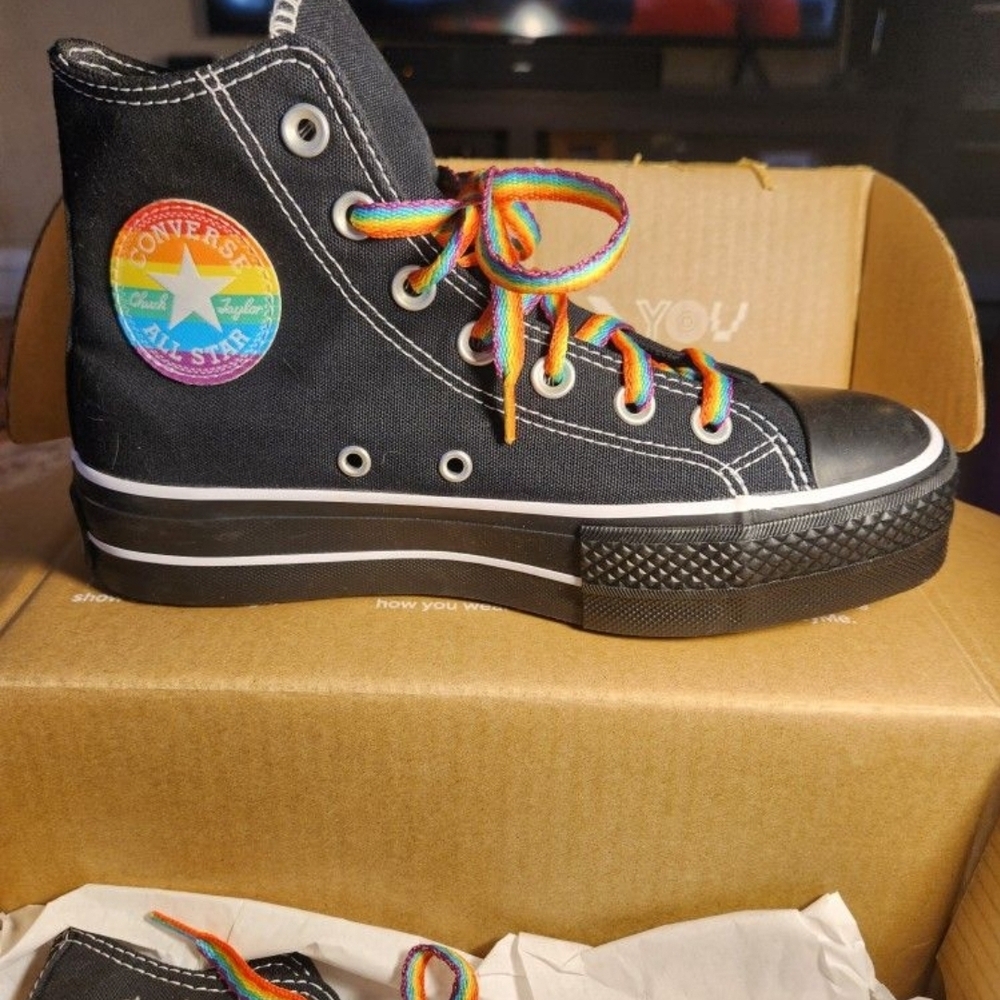 Converse Black & Multi Color High Tops. One of a Kind! Custom Made But Too Small - Picture 4 of 6
